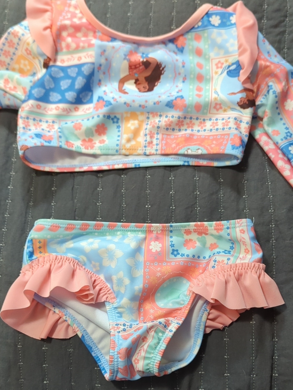 Disney Girls' Peach, Blue & Mint Patchwork Ruffle Two-Piece Swim Set